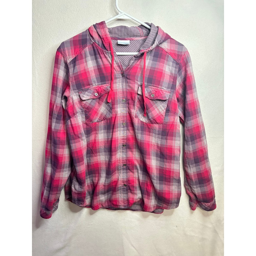 Columbia Womens Pink Plaid Hooded Flannel Shirt Button Down Long Sleeve Large